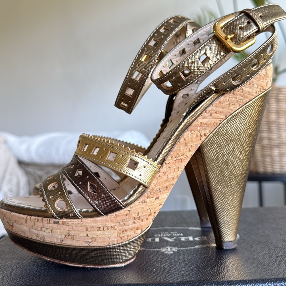 Prada Metallic Bronze Platform Heels Size 38